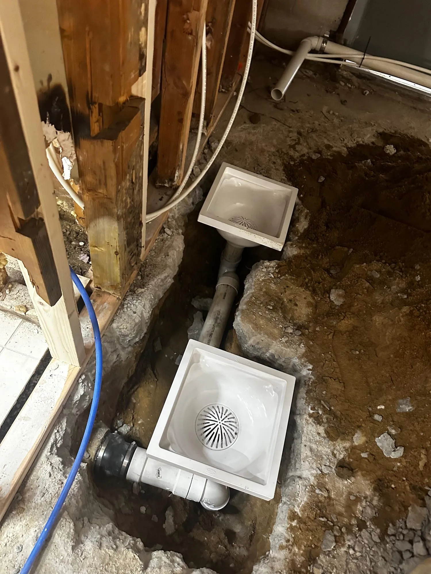 Basement floor drains and a catch basin set in new concrete