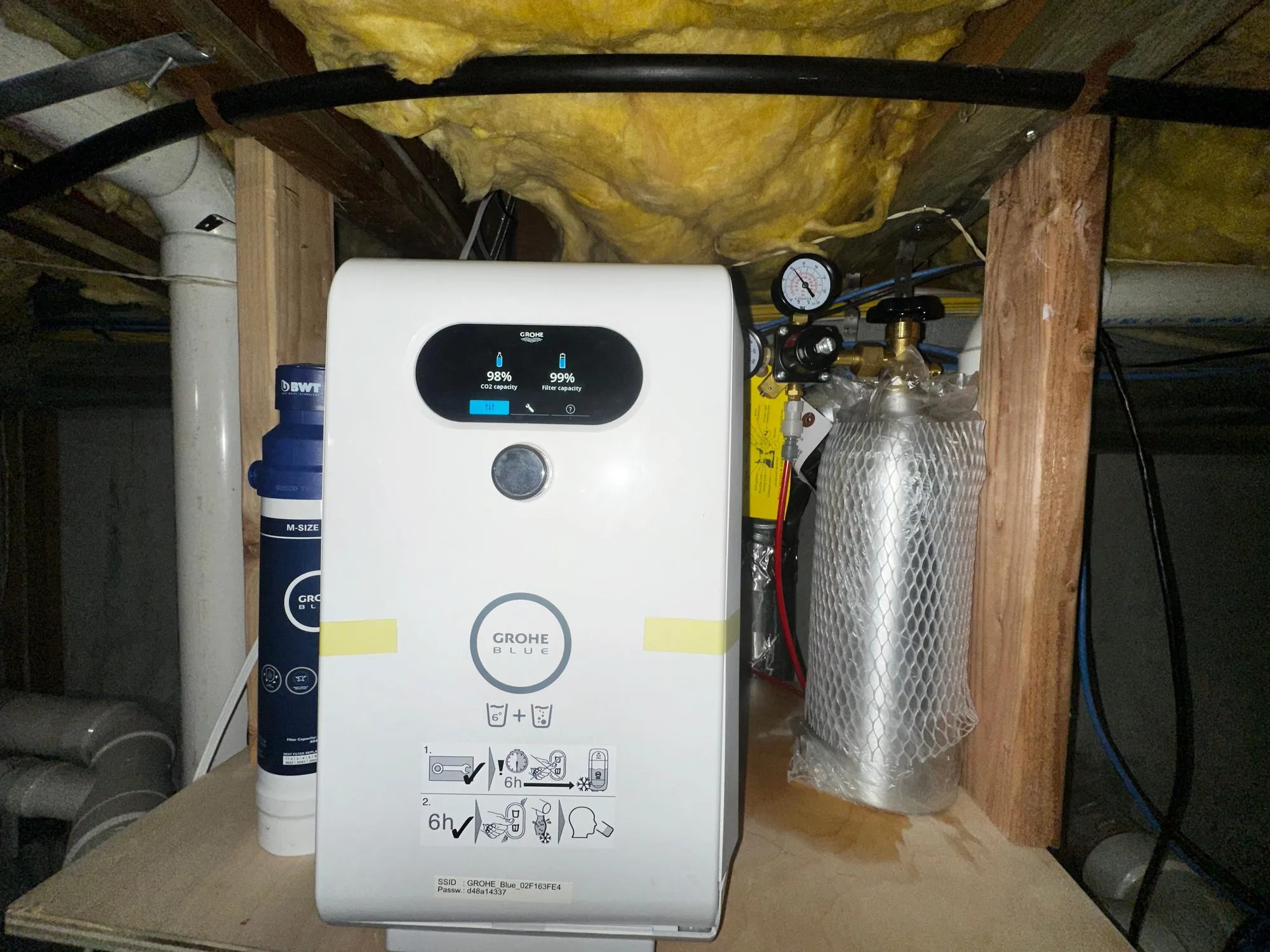 Grohe Blue filtered and sparkling water unit with CO2 cylinder installed under a sink