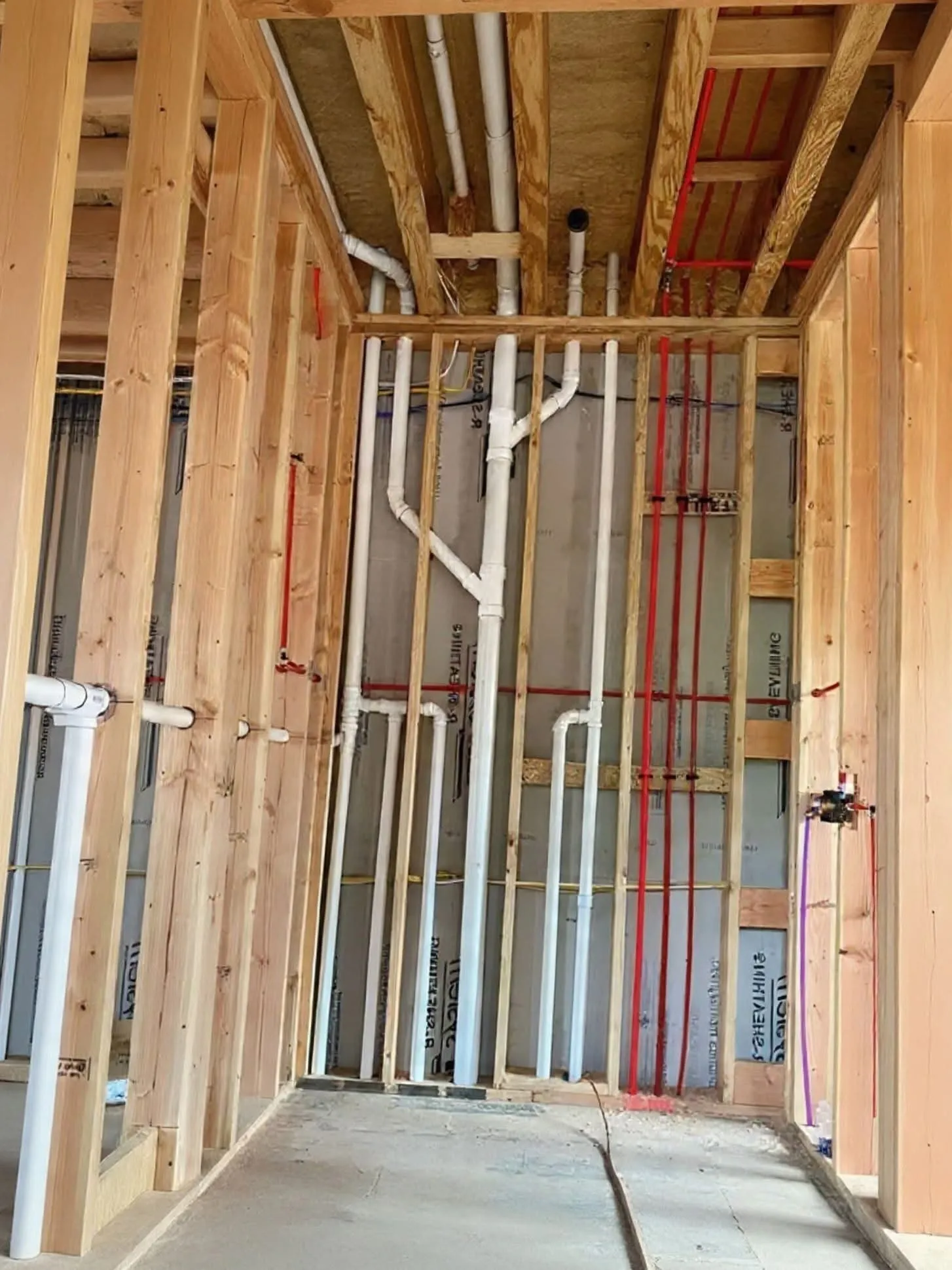 PEX supply and PVC waste rough-in plumbing in open wall framing on a new build